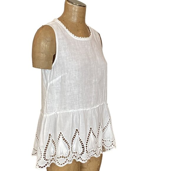 SPAZIOCHIC Italy 100% Linen Sleeveless Tank Top M Ruffle Embroidery Cutouts 271G - Picture 3 of 8